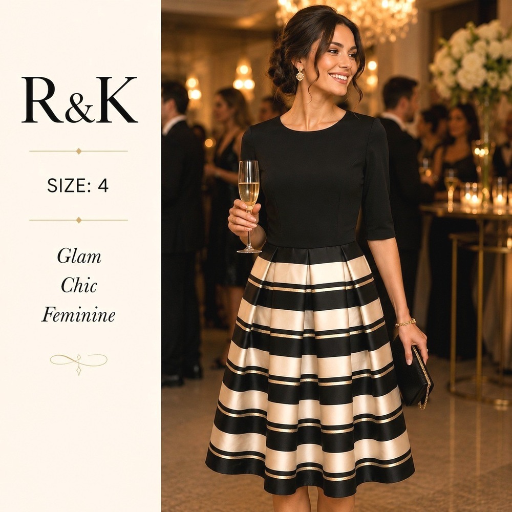 R&K Originals Dress Womens 4 Black Gold Striped Fit Flare Wedding Guest Elegant